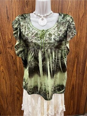 ONE WORLD Green Ombre Boho Peasant Top with Tie